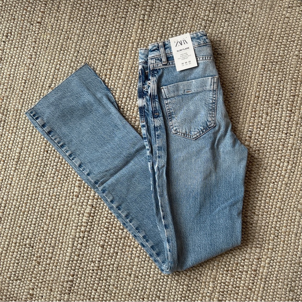 Zara Light Blue High-Rise Slim flare Sz 2